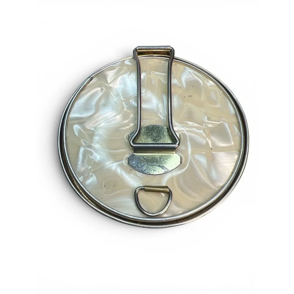 Vintage 60s Mother-of-Pearl Style Round Double Compact Travel Mirror Japan 3.5